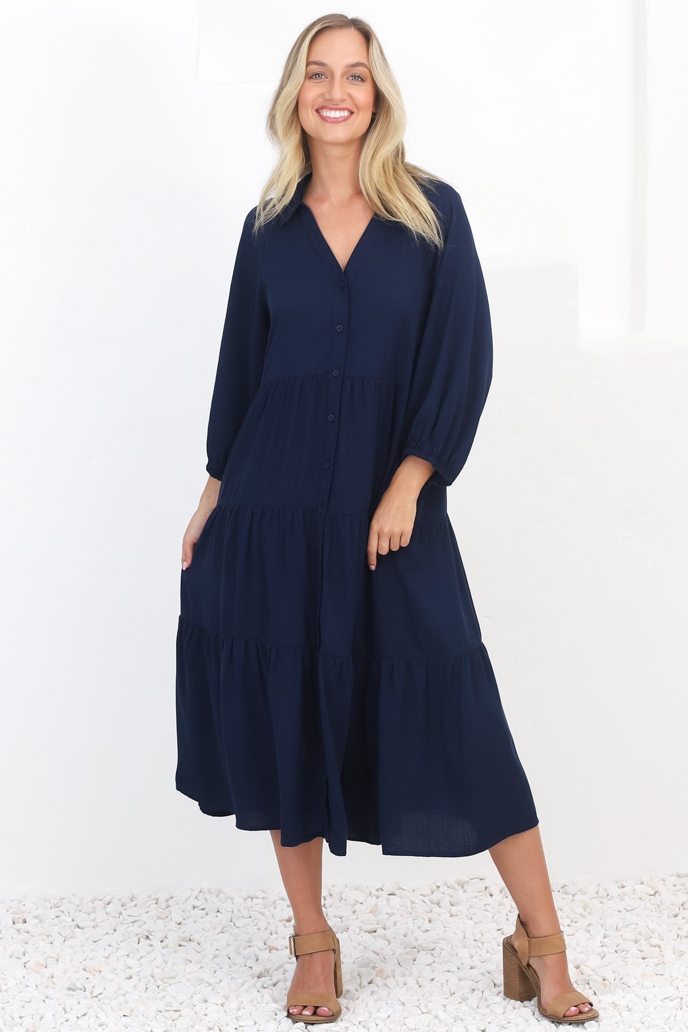 Zaraha Midi Dress - Folded Collar Button Down Tiered Dress in Navy