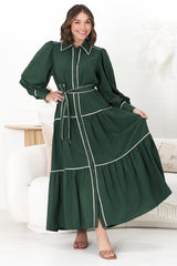 Marise Maxi Dress - A Line Dress with Collared Neckline and Long Sleeves in Emerald