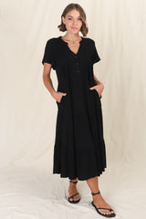 Peggy Midi Dress - Relaxed Mandarin Collar Pleated Bust Tiered Linen Dress in Black