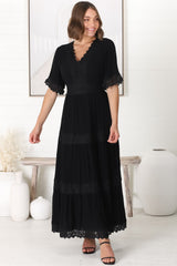 Peony Maxi Dress - Lace Detailed A Line Dress with Flute Sleeves in Black