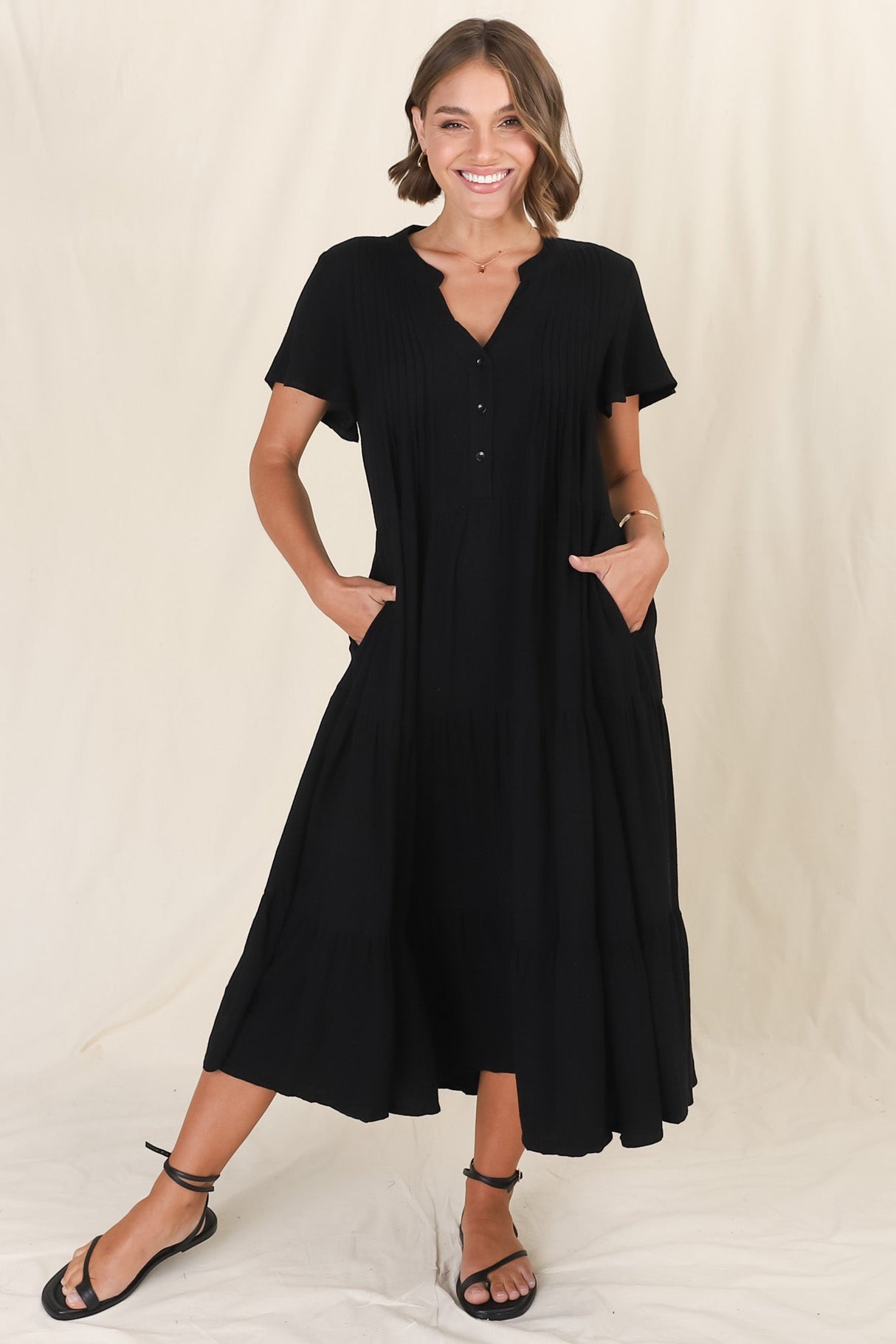 Peggy Midi Dress - Relaxed Mandarin Collar Pleated Bust Tiered Linen Dress in Black