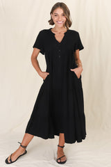 Peggy Midi Dress - Relaxed Mandarin Collar Pleated Bust Tiered Linen Dress in Black