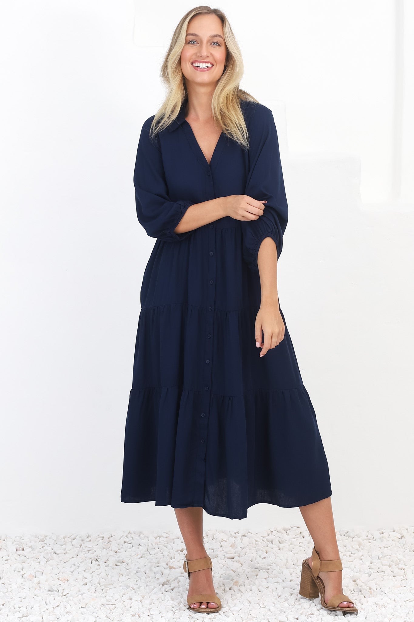 Zaraha Midi Dress - Folded Collar Button Down Tiered Dress in Navy