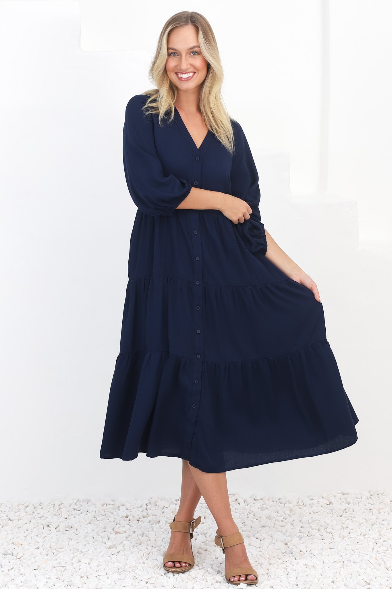 Zaraha Midi Dress - Folded Collar Button Down Tiered Dress in Navy