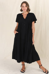 Peggy Midi Dress - Relaxed Mandarin Collar Pleated Bust Tiered Linen Dress in Black