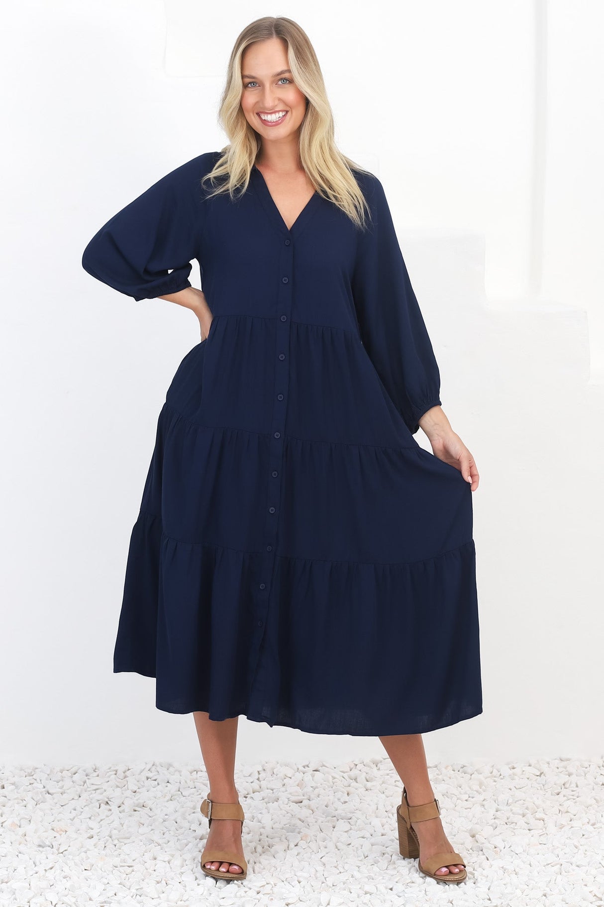 Zaraha Midi Dress - Folded Collar Button Down Tiered Dress in Navy