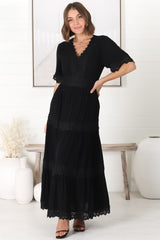 Peony Maxi Dress - Lace Detailed A Line Dress with Flute Sleeves in Black