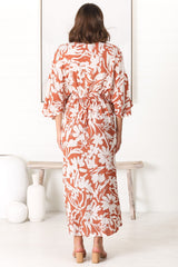 Casey Midi Dress - Kimono Sleeve High Low Dress with Waist Tie in Charis Print Rust