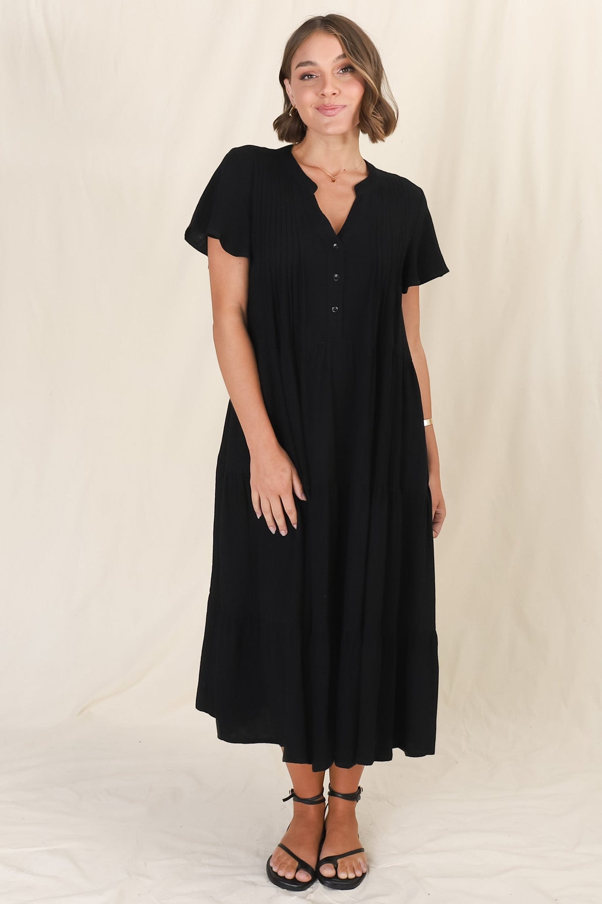 Peggy Midi Dress - Relaxed Mandarin Collar Pleated Bust Tiered Linen Dress in Black