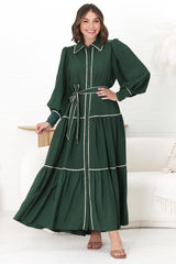 Marise Maxi Dress - A Line Dress with Collared Neckline and Long Sleeves in Emerald