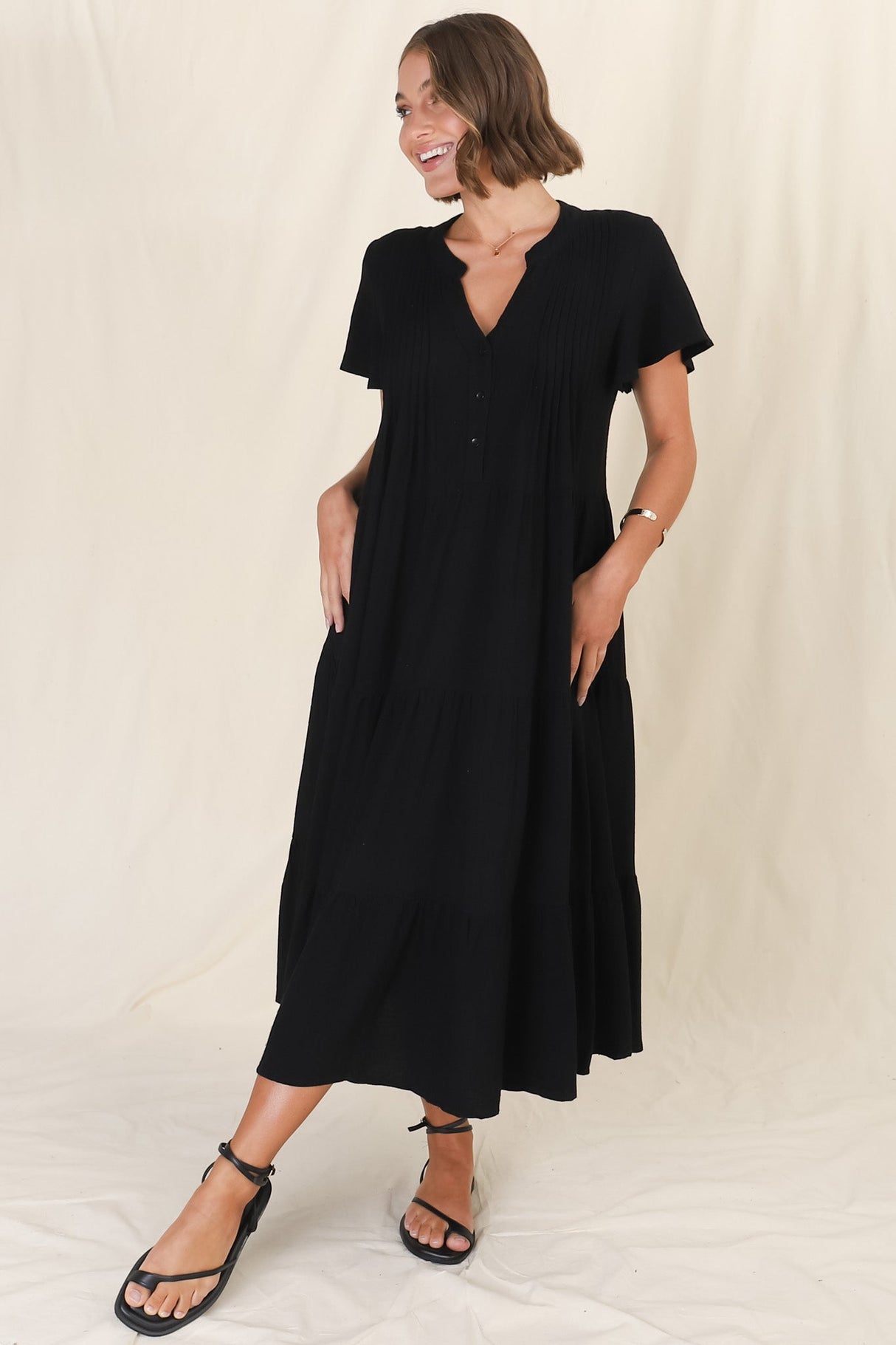 Peggy Midi Dress - Relaxed Mandarin Collar Pleated Bust Tiered Linen Dress in Black