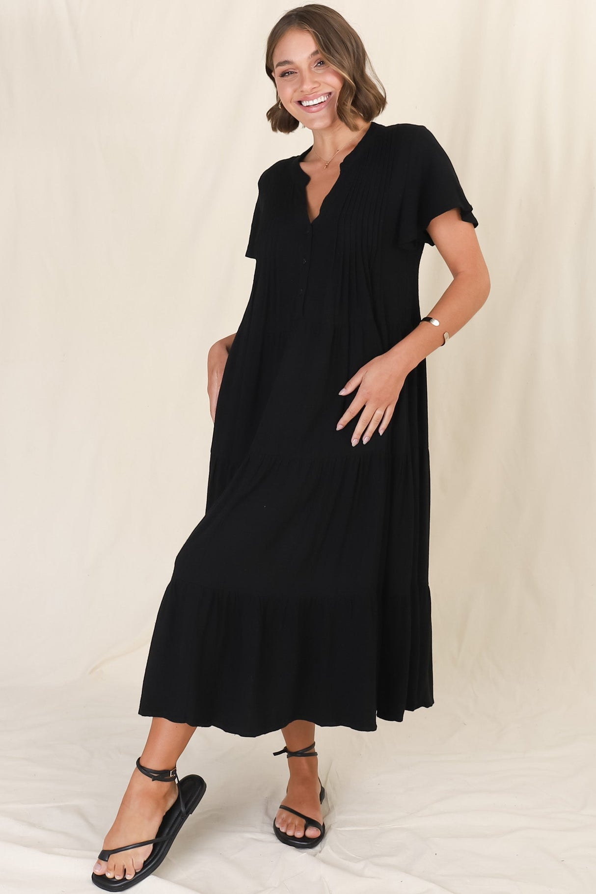 Peggy Midi Dress - Relaxed Mandarin Collar Pleated Bust Tiered Linen Dress in Black