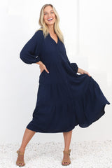 Zaraha Midi Dress - Folded Collar Button Down Tiered Dress in Navy