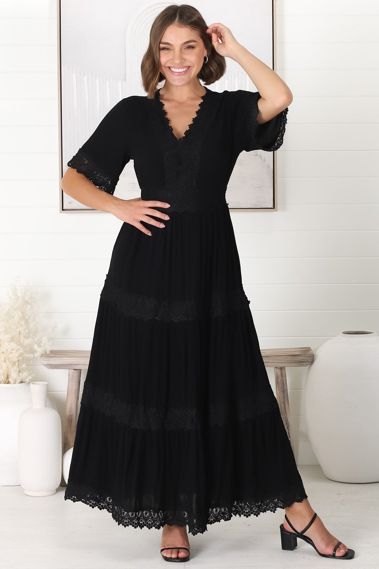 Peony Maxi Dress - Lace Detailed A Line Dress with Flute Sleeves in Black