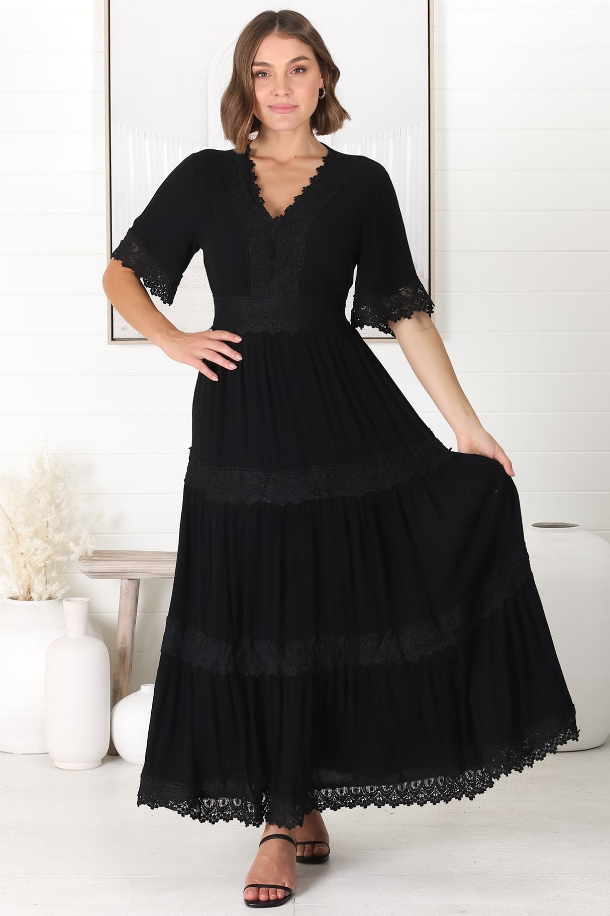 Peony Maxi Dress - Lace Detailed A Line Dress with Flute Sleeves in Black