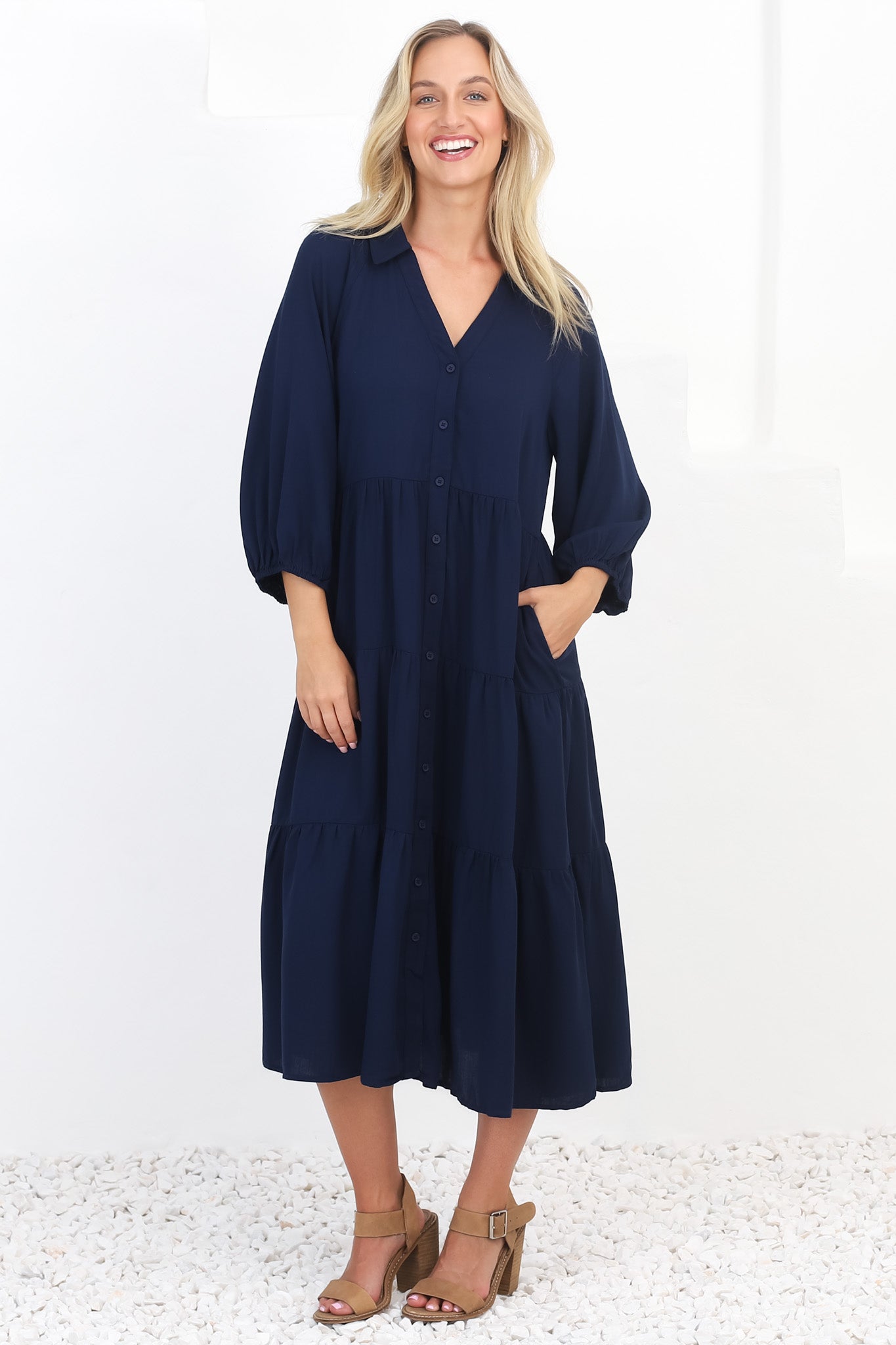 Zaraha Midi Dress - Folded Collar Button Down Tiered Dress in Navy