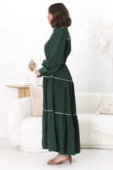 Marise Maxi Dress - A Line Dress with Collared Neckline and Long Sleeves in Emerald