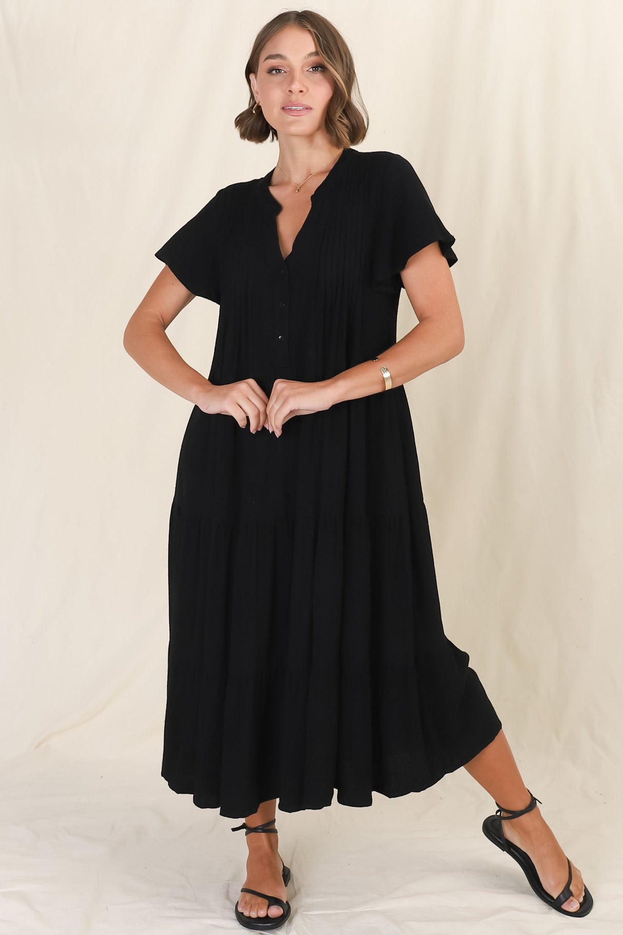 Peggy Midi Dress - Relaxed Mandarin Collar Pleated Bust Tiered Linen Dress in Black