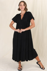 Peggy Midi Dress - Relaxed Mandarin Collar Pleated Bust Tiered Linen Dress in Black