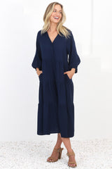 Zaraha Midi Dress - Folded Collar Button Down Tiered Dress in Navy