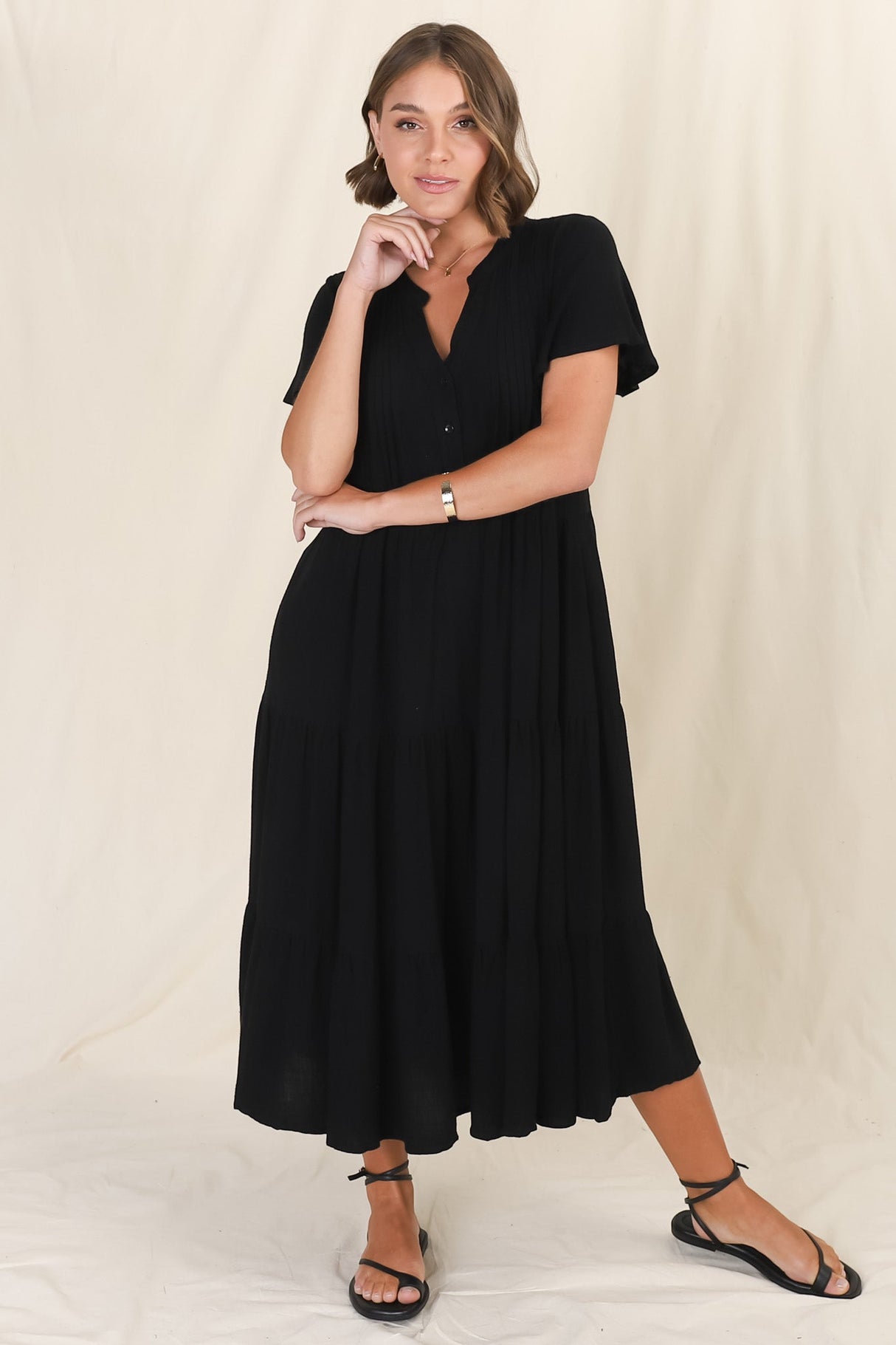 Peggy Midi Dress - Relaxed Mandarin Collar Pleated Bust Tiered Linen Dress in Black