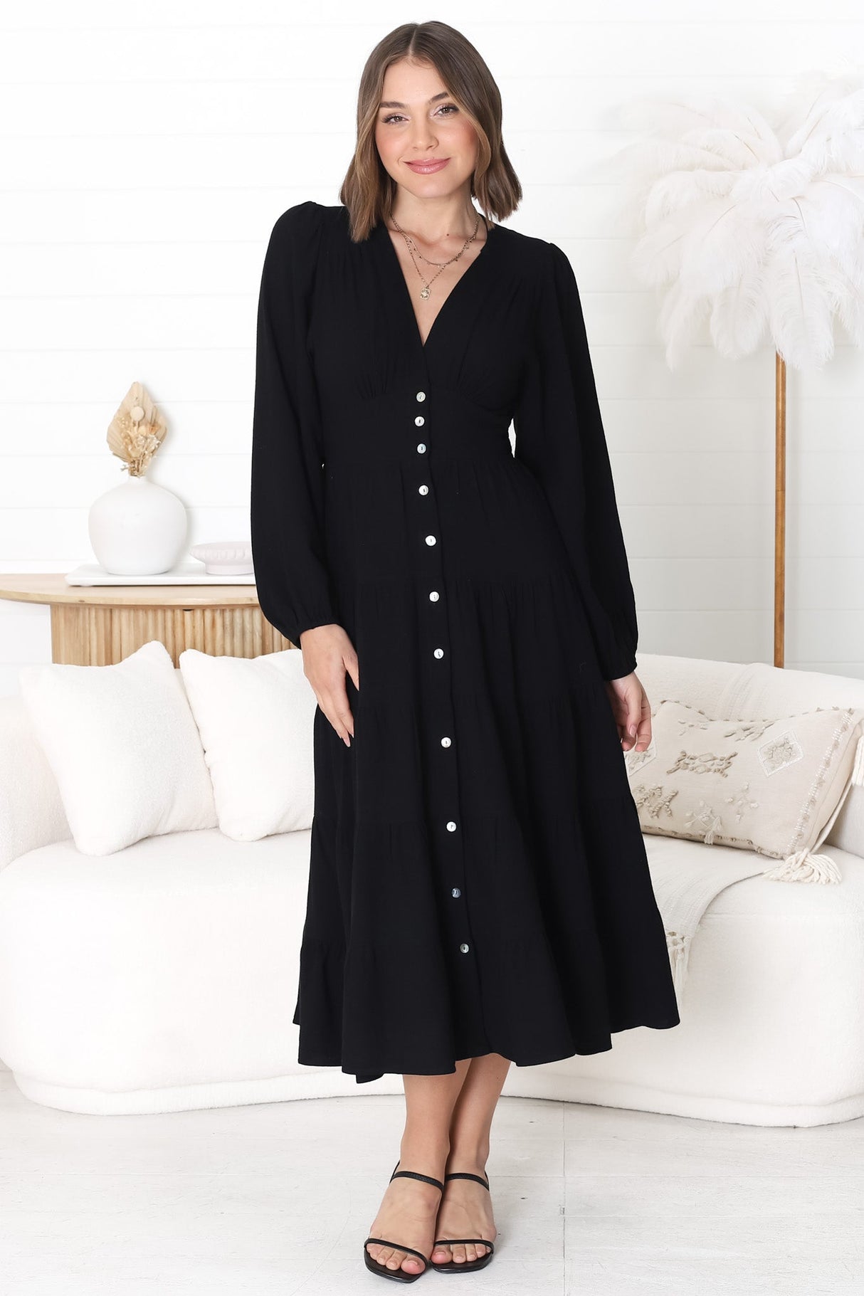 Bello Midi Dress - Button Through A Line Dress with Balloon Sleeves in Black