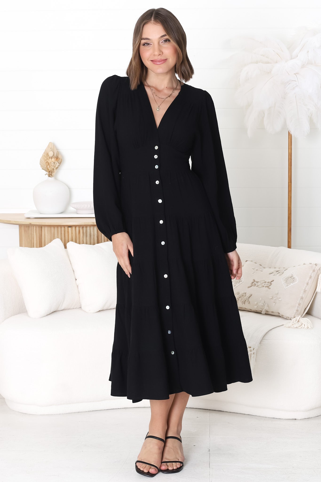 Bello Midi Dress - Button Through A Line Dress with Balloon Sleeves in Black