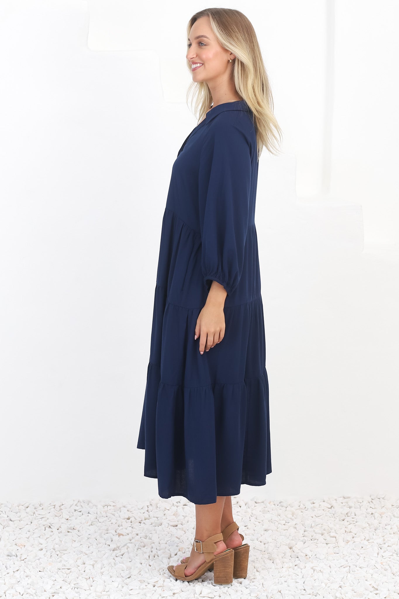 Zaraha Midi Dress - Folded Collar Button Down Tiered Dress in Navy