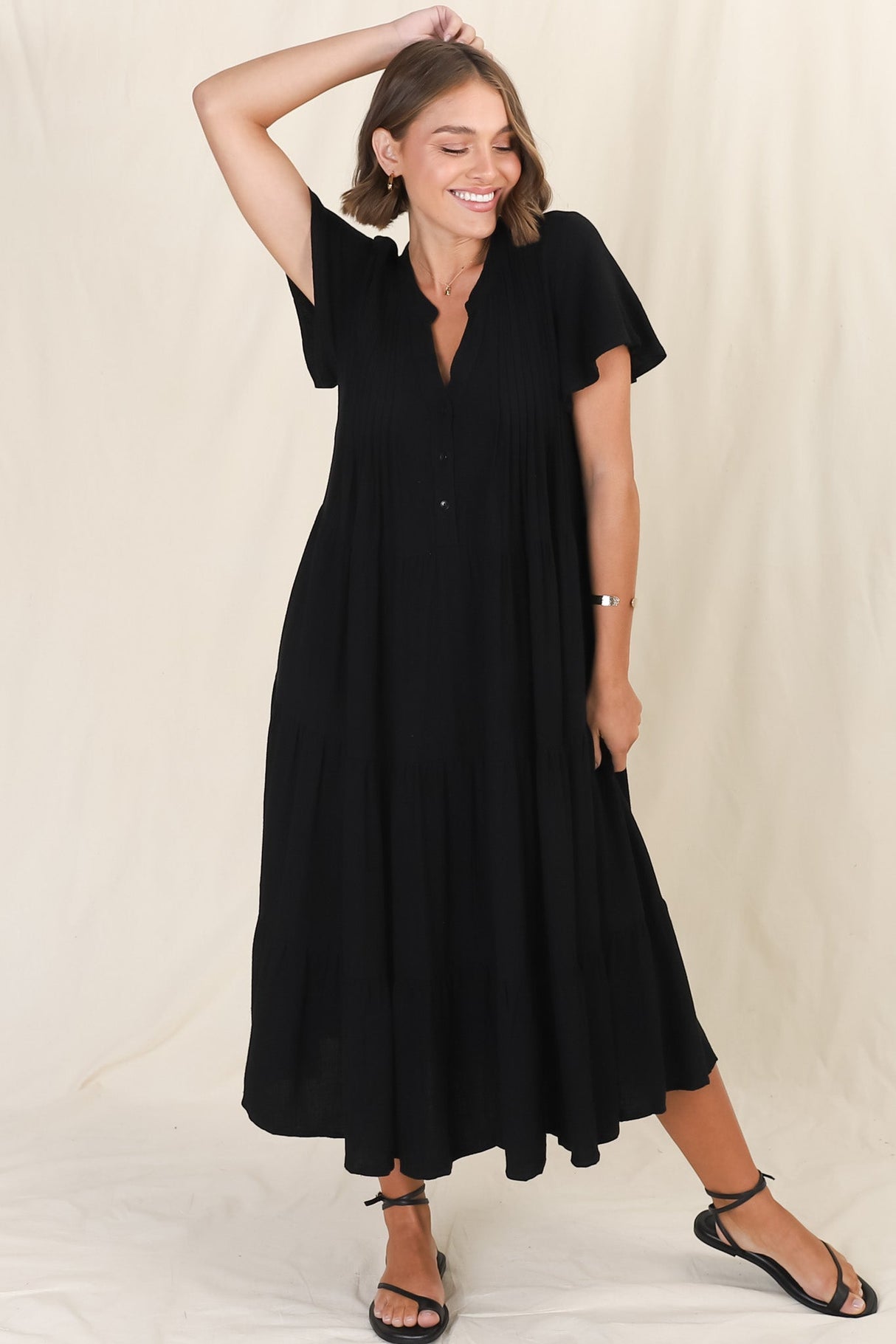 Peggy Midi Dress - Relaxed Mandarin Collar Pleated Bust Tiered Linen Dress in Black