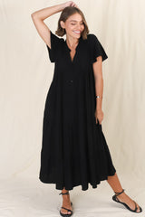 Peggy Midi Dress - Relaxed Mandarin Collar Pleated Bust Tiered Linen Dress in Black