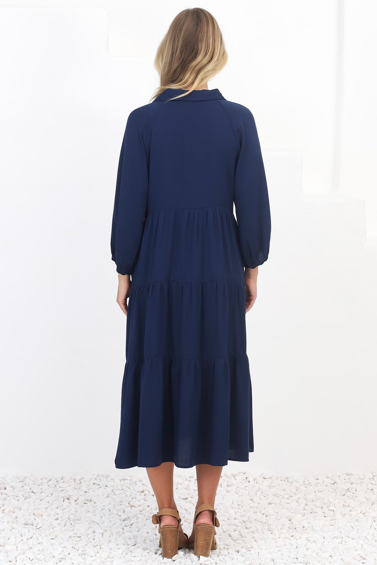 Zaraha Midi Dress - Folded Collar Button Down Tiered Dress in Navy