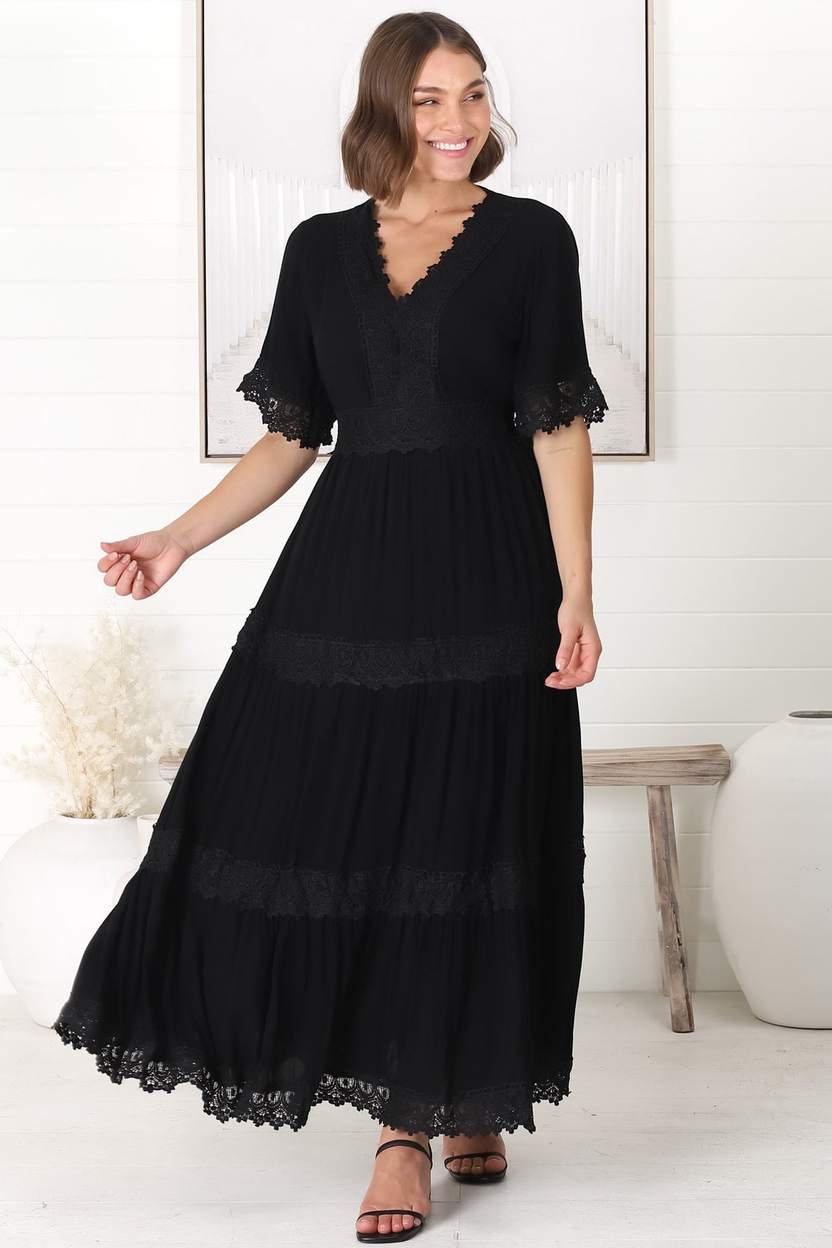 Peony Maxi Dress - Lace Detailed A Line Dress with Flute Sleeves in Black