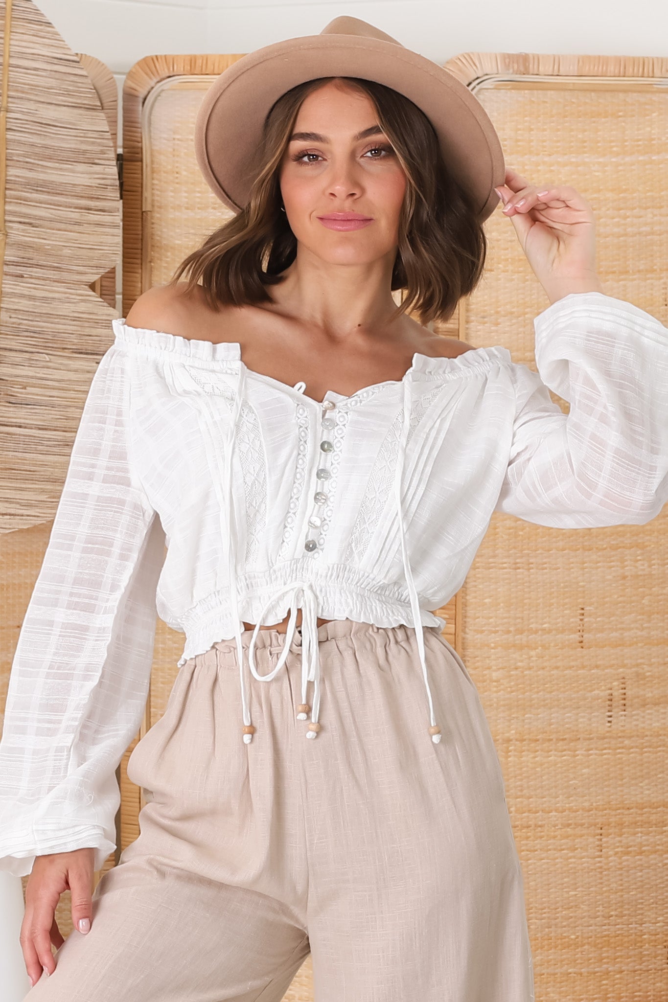 Marlon Top - On or Off Shoulder Pin Tuck Detail Long Balloon Sleeve Crop in White
