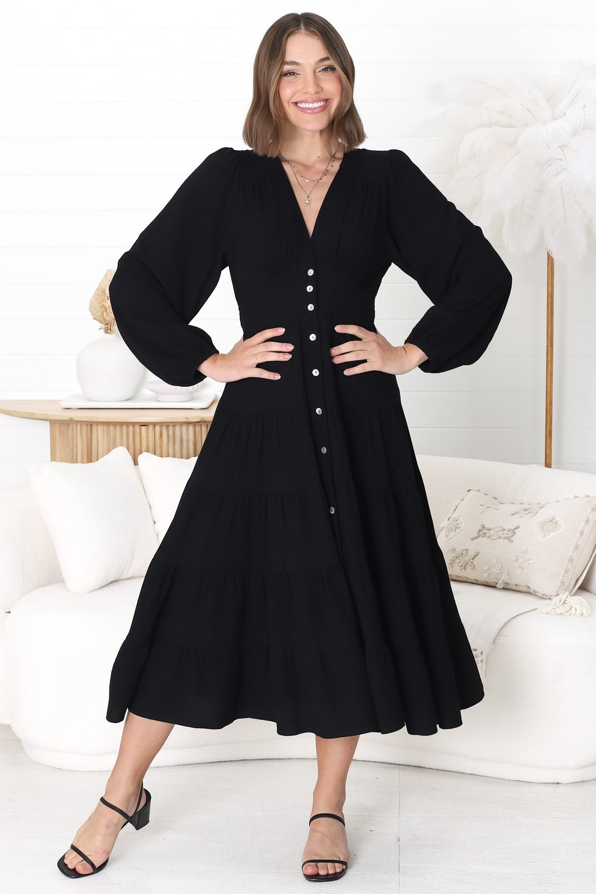 Bello Midi Dress - Button Through A Line Dress with Balloon Sleeves in Black