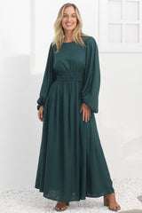 Sheyne Maxi Dress - Long Balloon Sleeve Elasicated Waist A Line Dress in Green