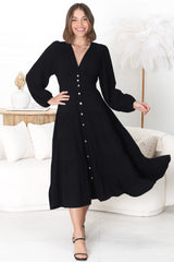 Bello Midi Dress - Button Through A Line Dress with Balloon Sleeves in Black