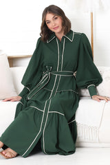 Marise Maxi Dress - A Line Dress with Collared Neckline and Long Sleeves in Emerald