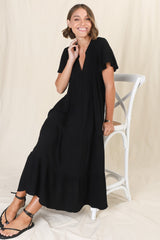 Peggy Midi Dress - Relaxed Mandarin Collar Pleated Bust Tiered Linen Dress in Black