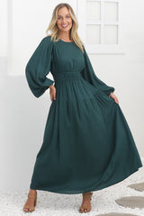 Sheyne Maxi Dress - Long Balloon Sleeve Elasicated Waist A Line Dress in Green