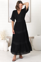 Peony Maxi Dress - Lace Detailed A Line Dress with Flute Sleeves in Black