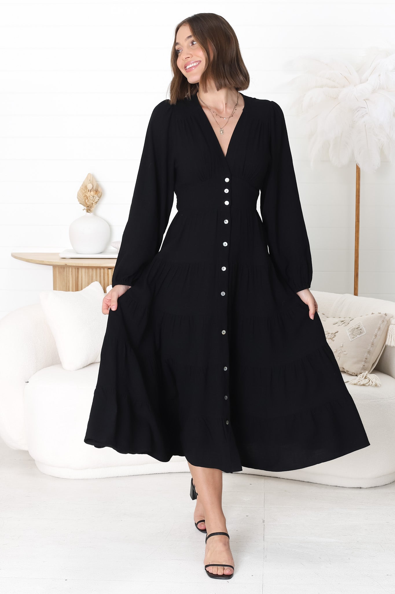 Bello Midi Dress - Button Through A Line Dress with Balloon Sleeves in Black