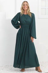 Sheyne Maxi Dress - Long Balloon Sleeve Elasicated Waist A Line Dress in Green