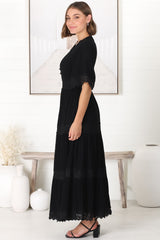 Peony Maxi Dress - Lace Detailed A Line Dress with Flute Sleeves in Black