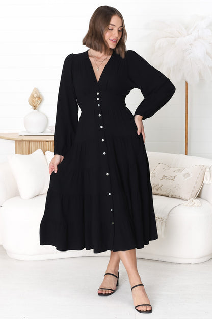 Bello Midi Dress - Button Through A Line Dress with Balloon Sleeves in Black