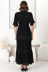 Peony Maxi Dress - Lace Detailed A Line Dress with Flute Sleeves in Black