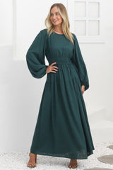 Sheyne Maxi Dress - Long Balloon Sleeve Elasicated Waist A Line Dress in Green