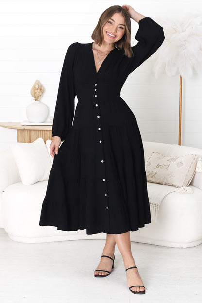 Bello Midi Dress - Button Through A Line Dress with Balloon Sleeves in Black