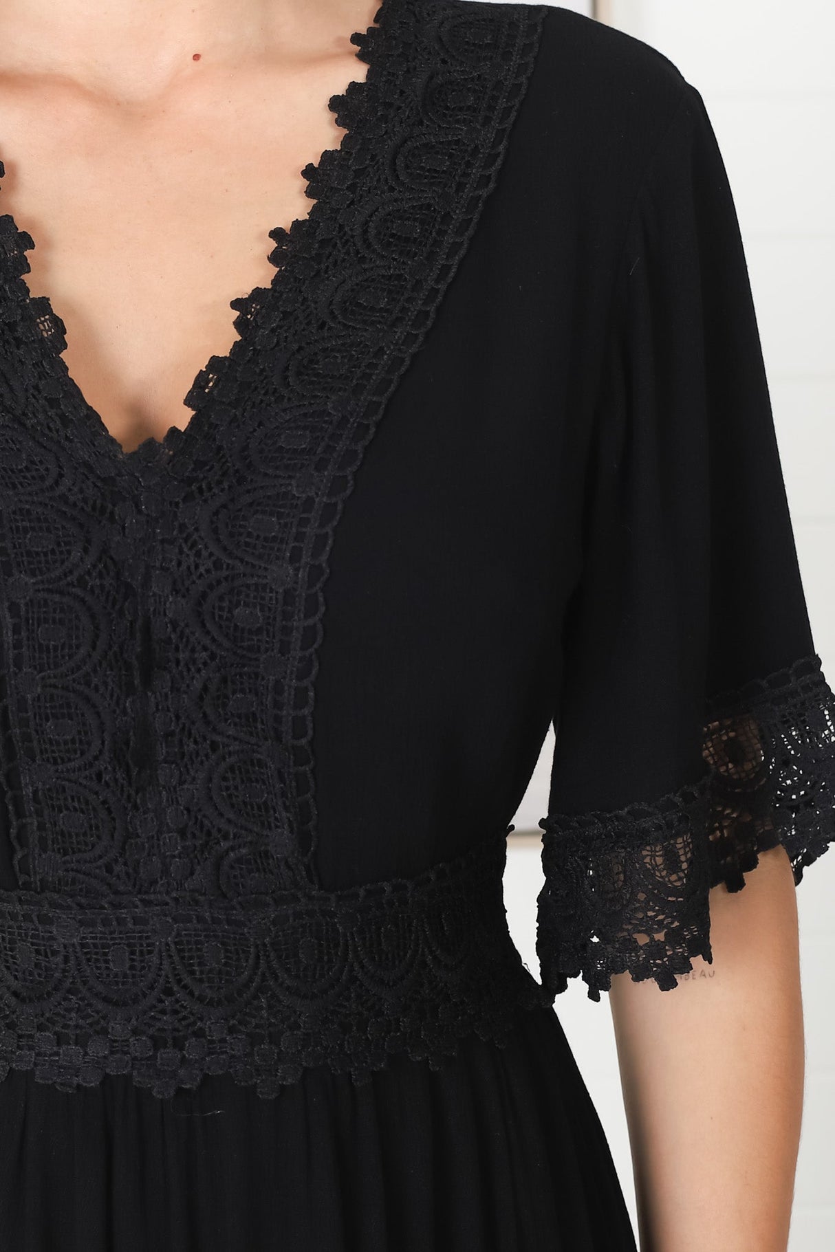 Peony Maxi Dress - Lace Detailed A Line Dress with Flute Sleeves in Black