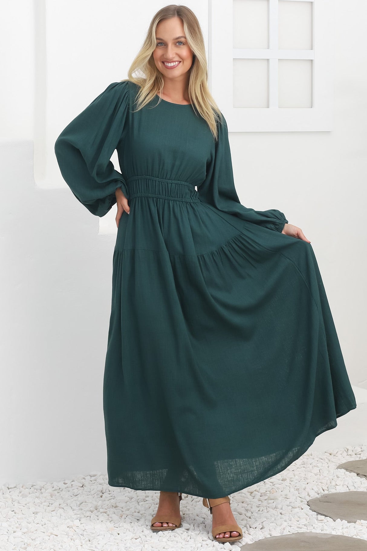 Sheyne Maxi Dress - Long Balloon Sleeve Elasicated Waist A Line Dress in Green