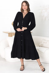 Bello Midi Dress - Button Through A Line Dress with Balloon Sleeves in Black